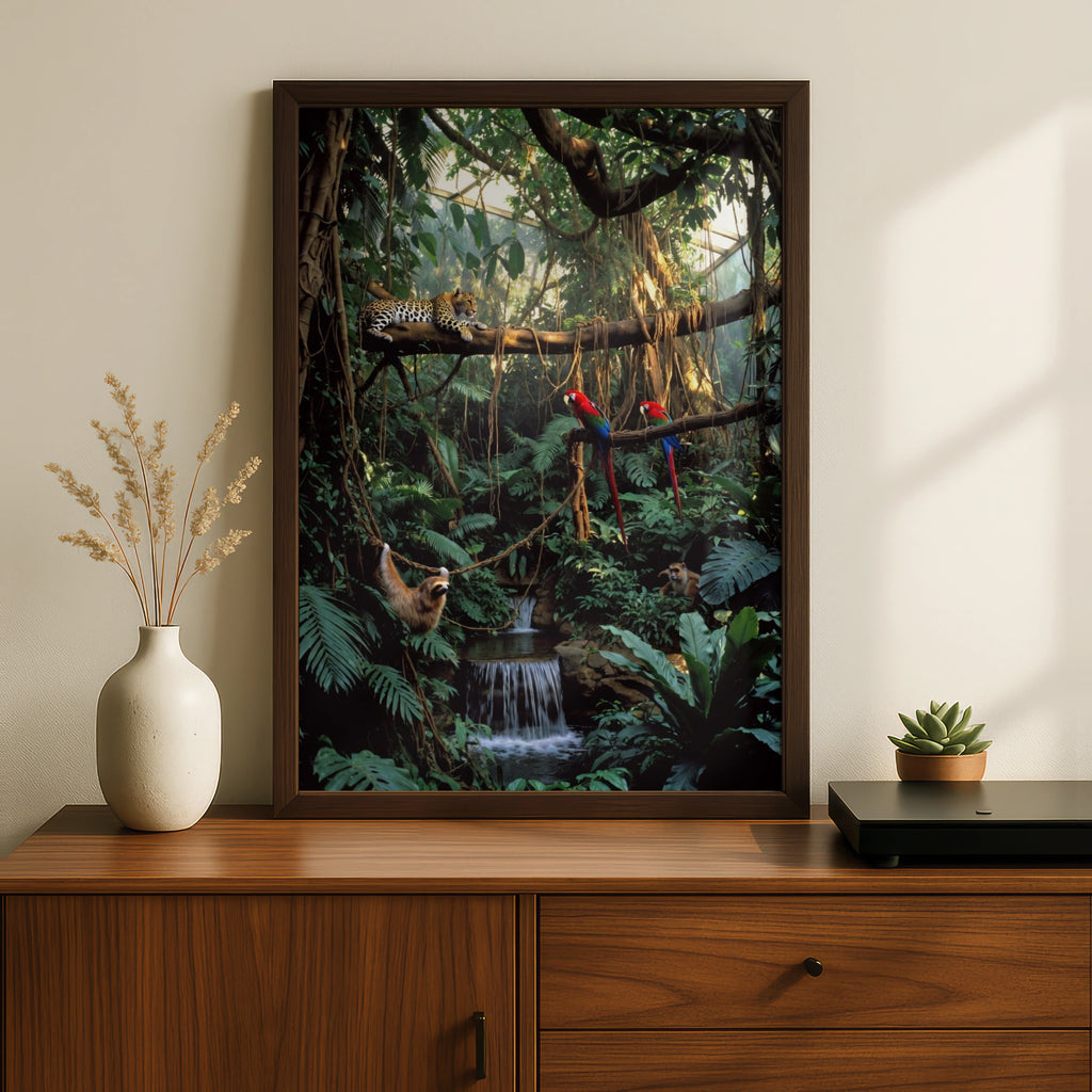 Tropical Jungle Wildlife Poster, Leopard Macaw Sloth Rainforest Wall Art Print