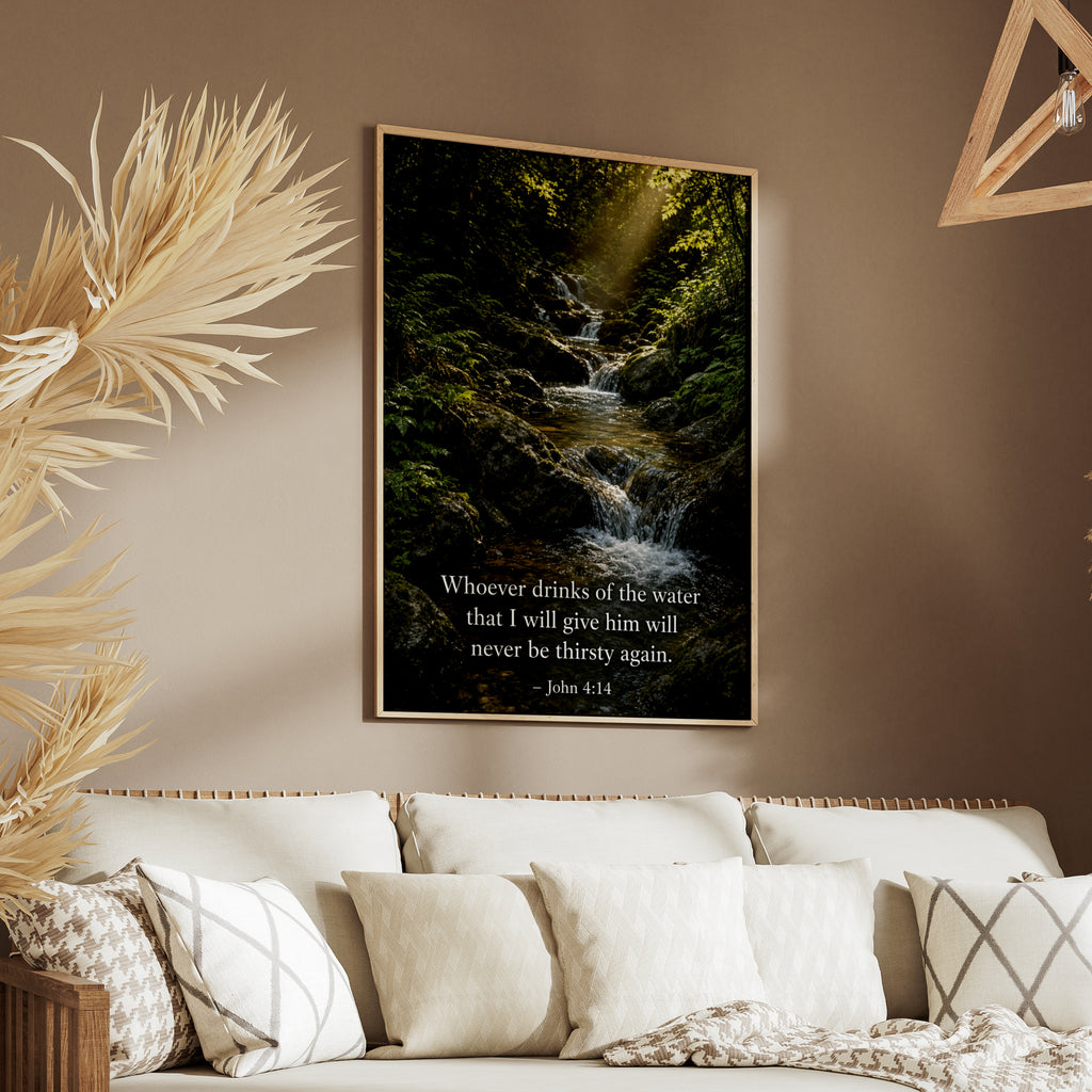 John 4:14 Bible Verse Poster, Scripture Wall Art, Christian Nature Print, Forest Waterfall