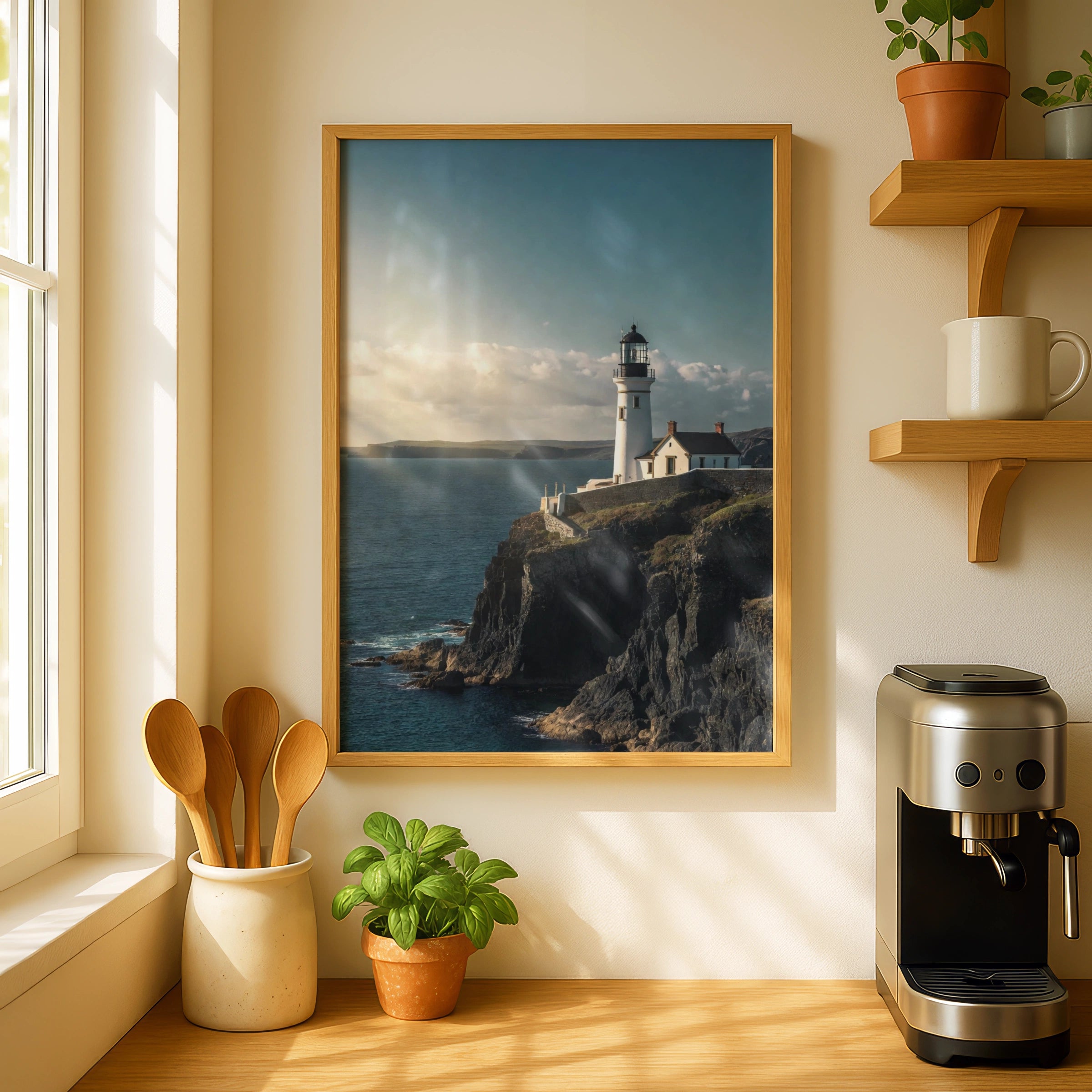 Lighthouse Cliff Ocean Poster, Coastal Wall Art, Nautical Sea Print, Blue Scenic Photo
