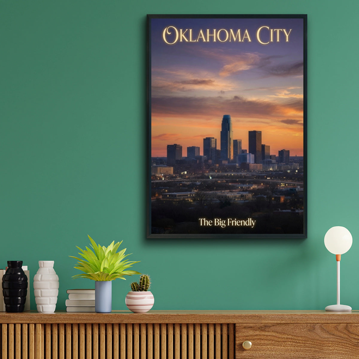Oklahoma City Skyline Poster, OKC Sunset Wall Art, The Big Friendly Print, Downtown Gift
