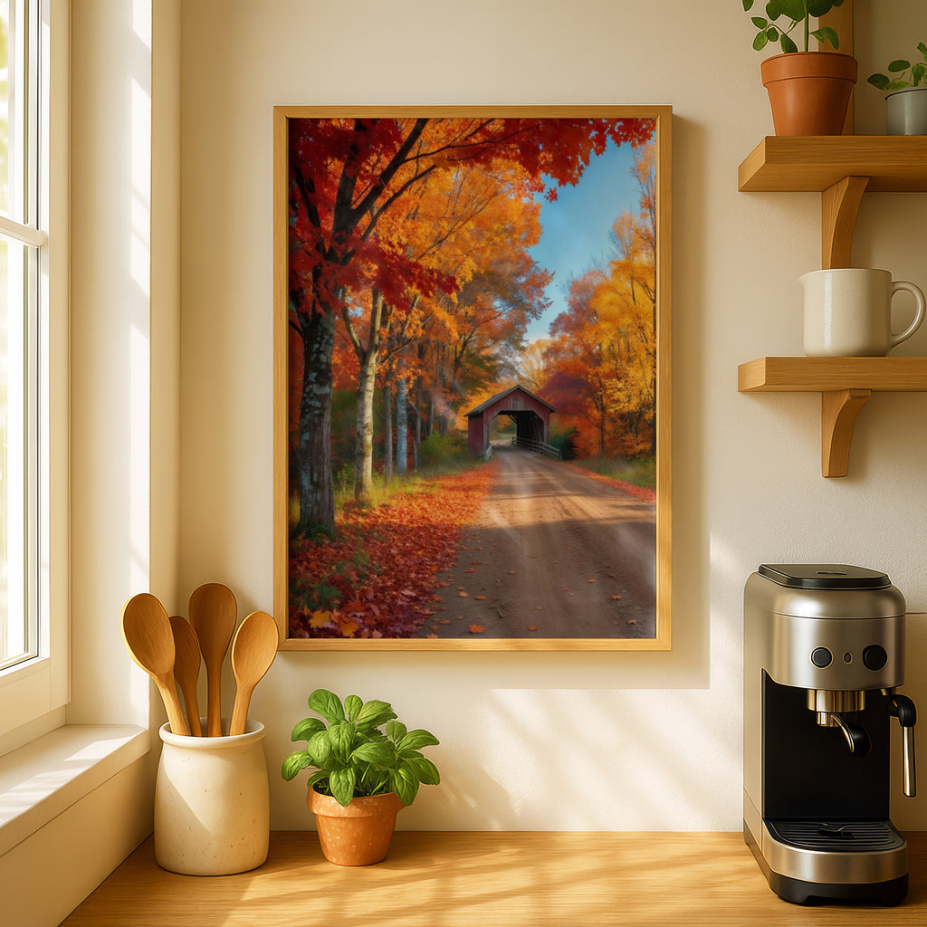 Fall Foliage Covered Bridge Poster, Autumn Country Road Wall Art, New England Nature Print