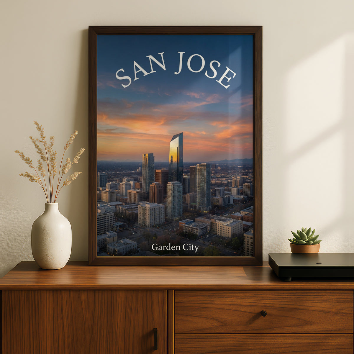 San Jose California Skyline Poster, Garden City Sunset Wall Art, Silicon Valley Print