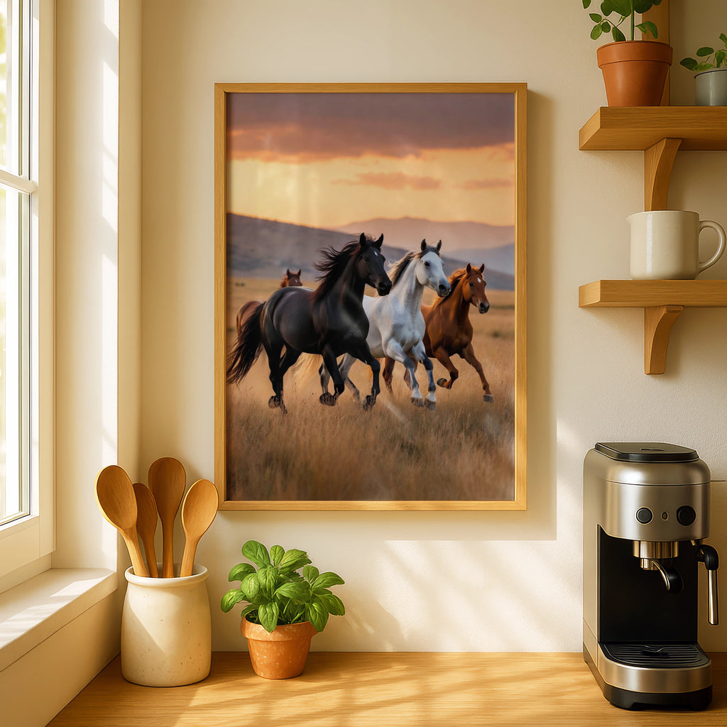 Wild Horses Running at Sunset Poster, Black White Chestnut Herd Wall Art Print