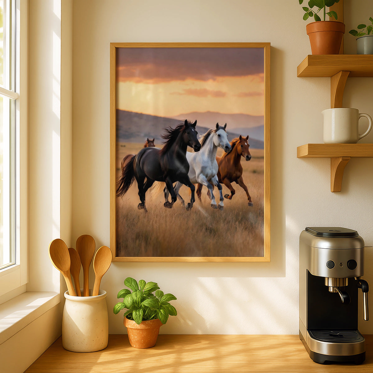 Wild Horses Running at Sunset Poster, Black White Chestnut Herd Wall Art Print