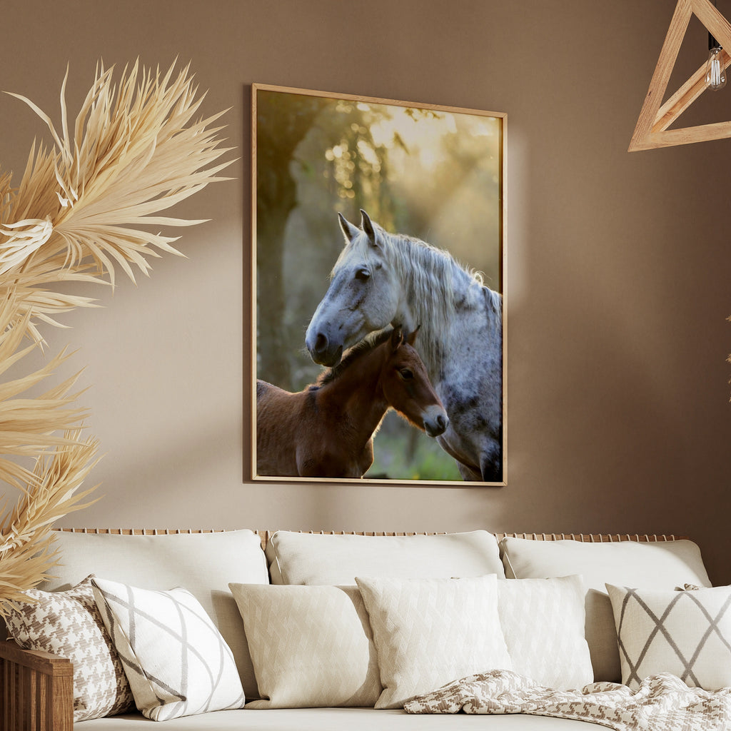 Mare and Foal Horse Poster, Dapple Gray Horse Wall Art, Mother Baby Horse Print