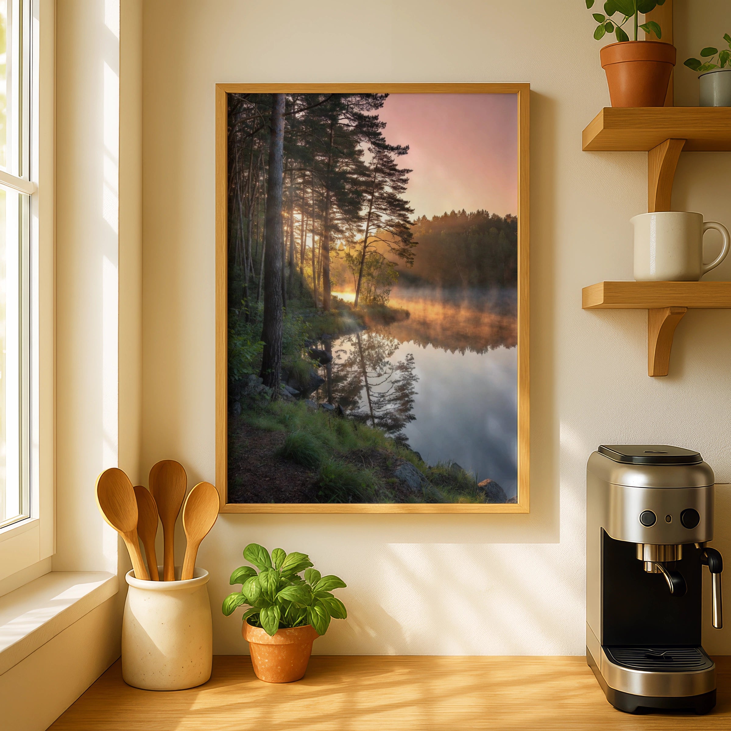 Lake Sunrise Forest Poster, Misty Pine Trees Wall Art, Nature Photography Print