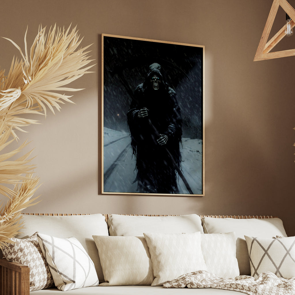 Grim Reaper Winter Snowstorm Poster, Dark Fantasy Wall Art, Skull Scythe Gothic Print
