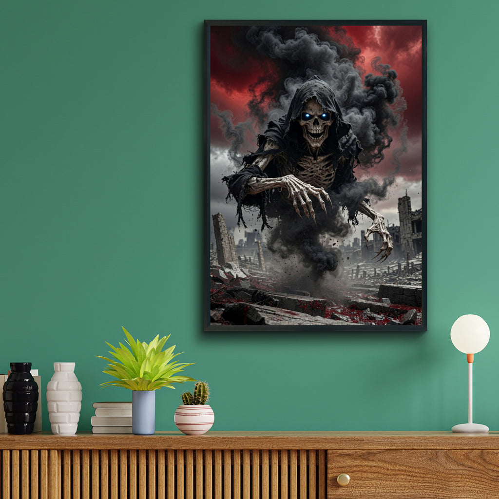 Grim Reaper Poster, Dark Skeleton Wall Art, Gothic Horror Print, Red Sky Apocalypse Decor