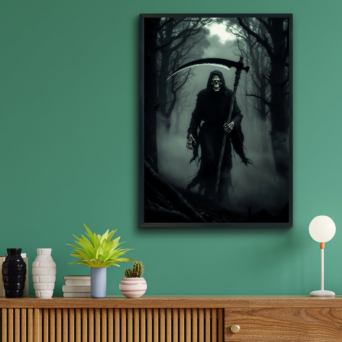 Grim Reaper Dark Forest Poster, Skull Scythe Horror Wall Art, Gothic Halloween Decor Print