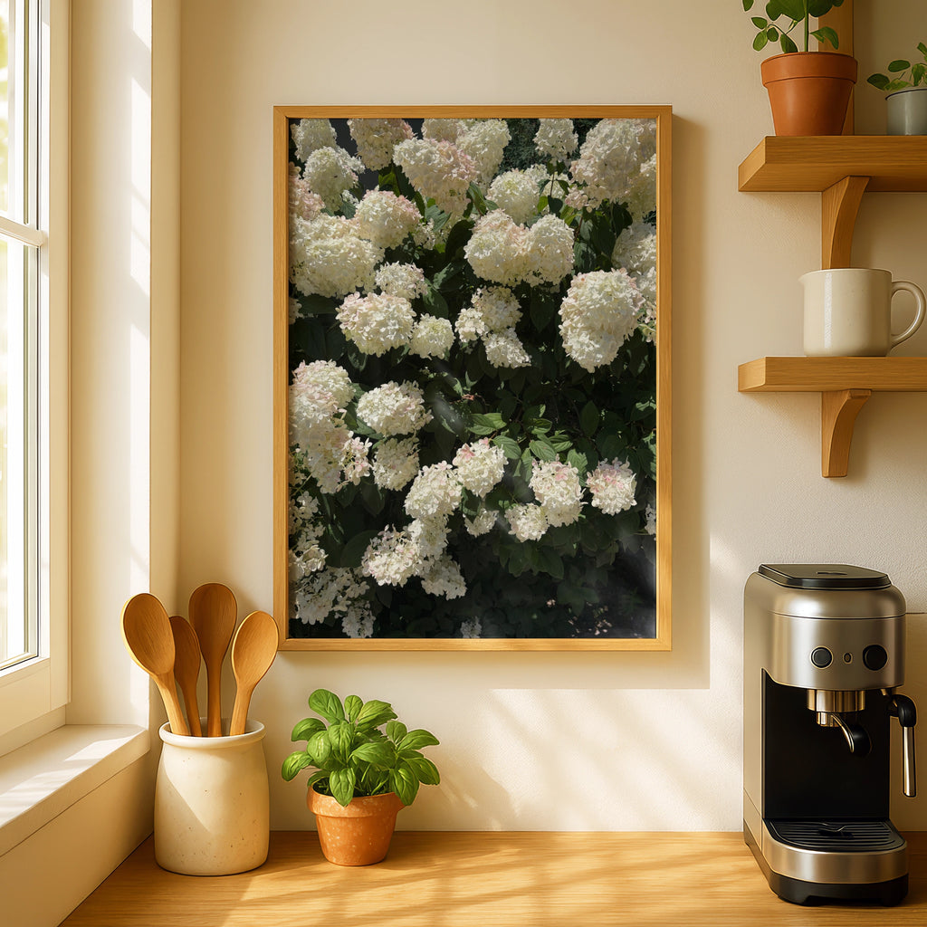 White Hydrangea Flower Photography Poster, Floral Wall Art, Garden Botanical Print
