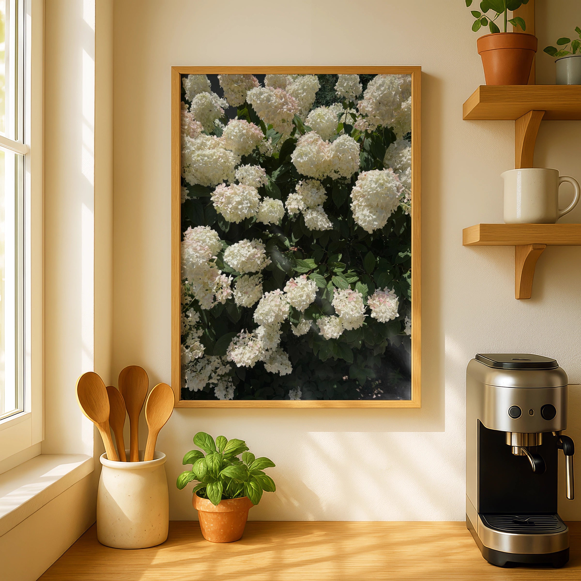 White Hydrangea Flower Photography Poster, Floral Wall Art, Garden Botanical Print