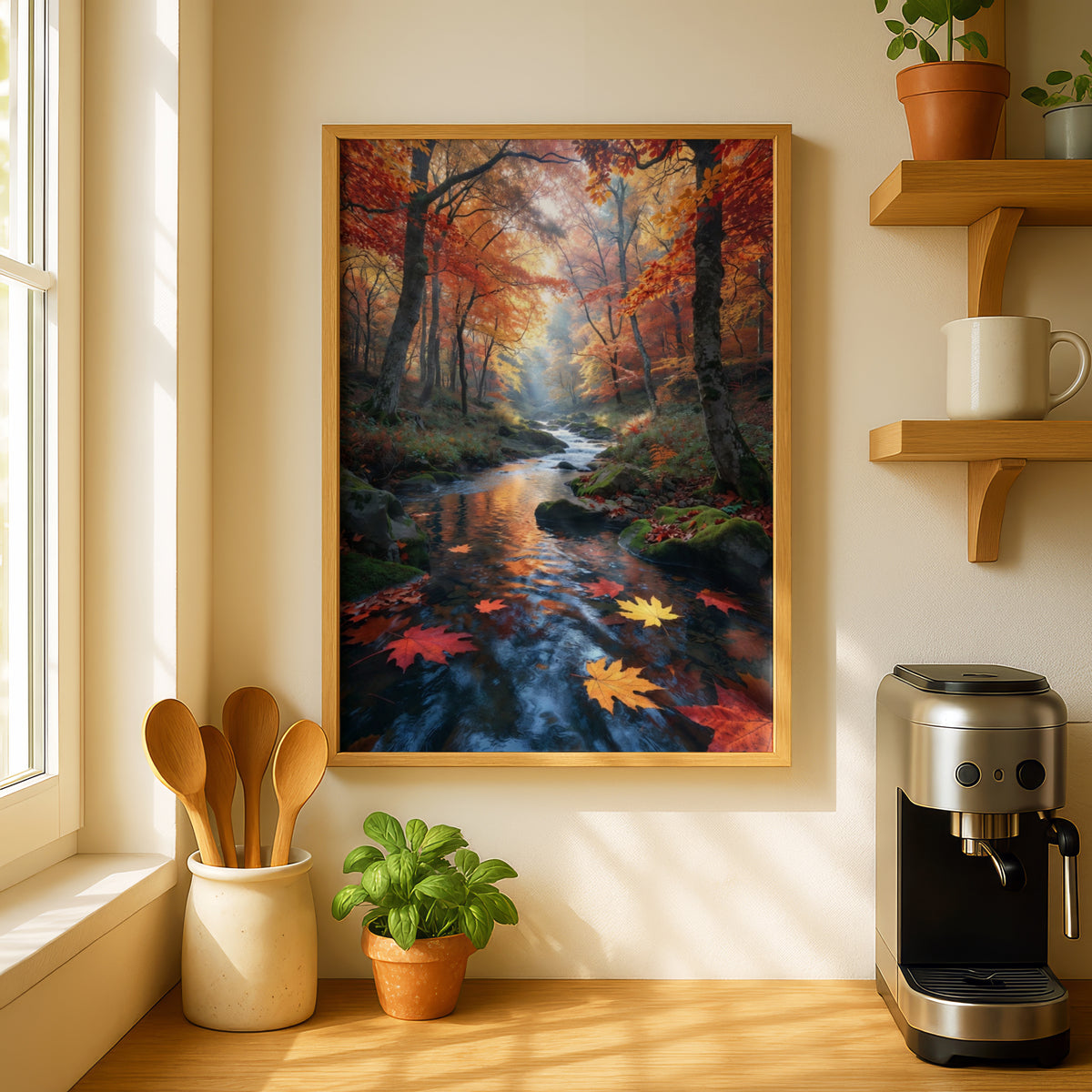 Fall Forest Stream Poster, Autumn Leaves Nature Wall Art, Misty Woodland River Print, Red Orange