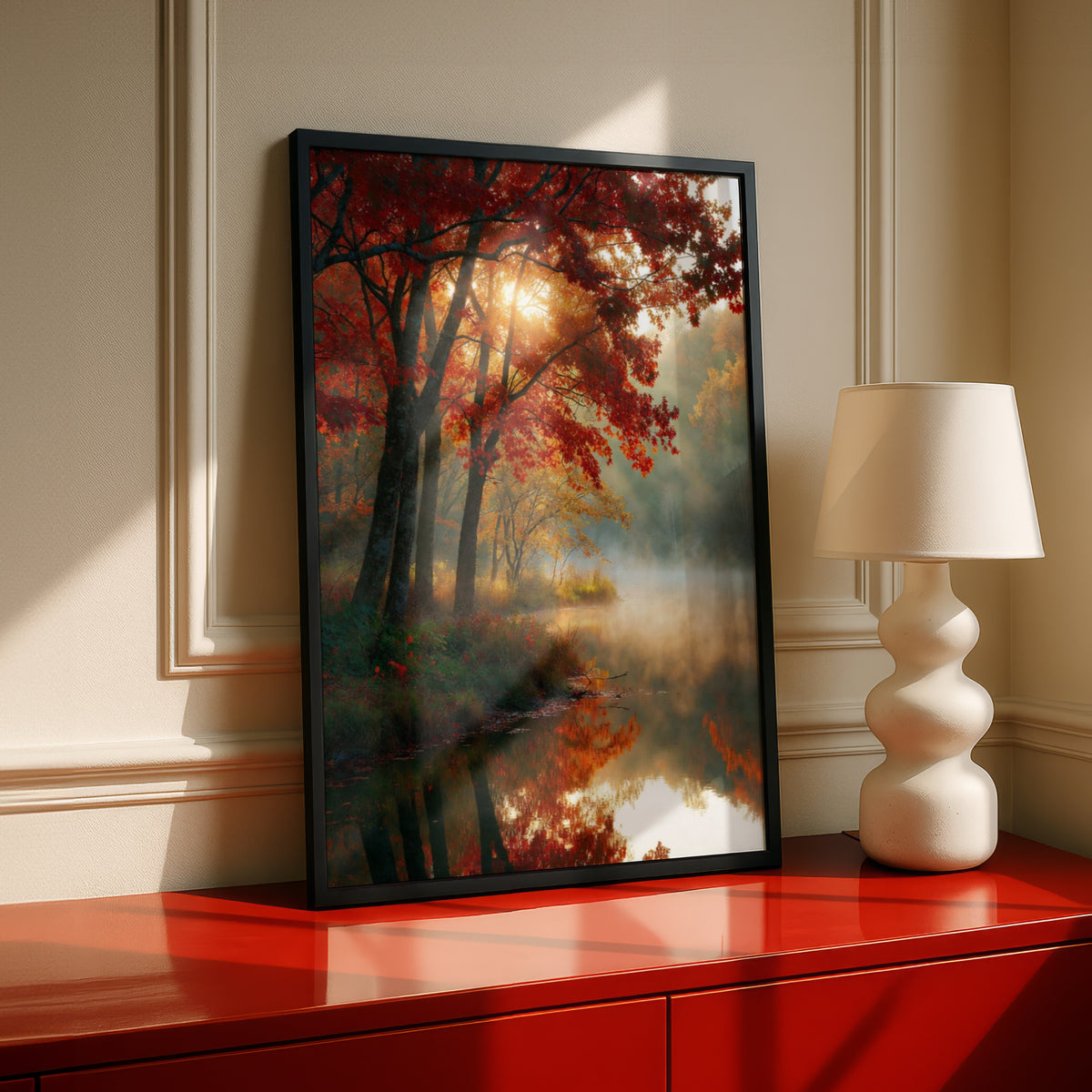 Fall Colors Lake Poster, Autumn Forest Reflection Wall Art, Misty Red Maple Tree Print