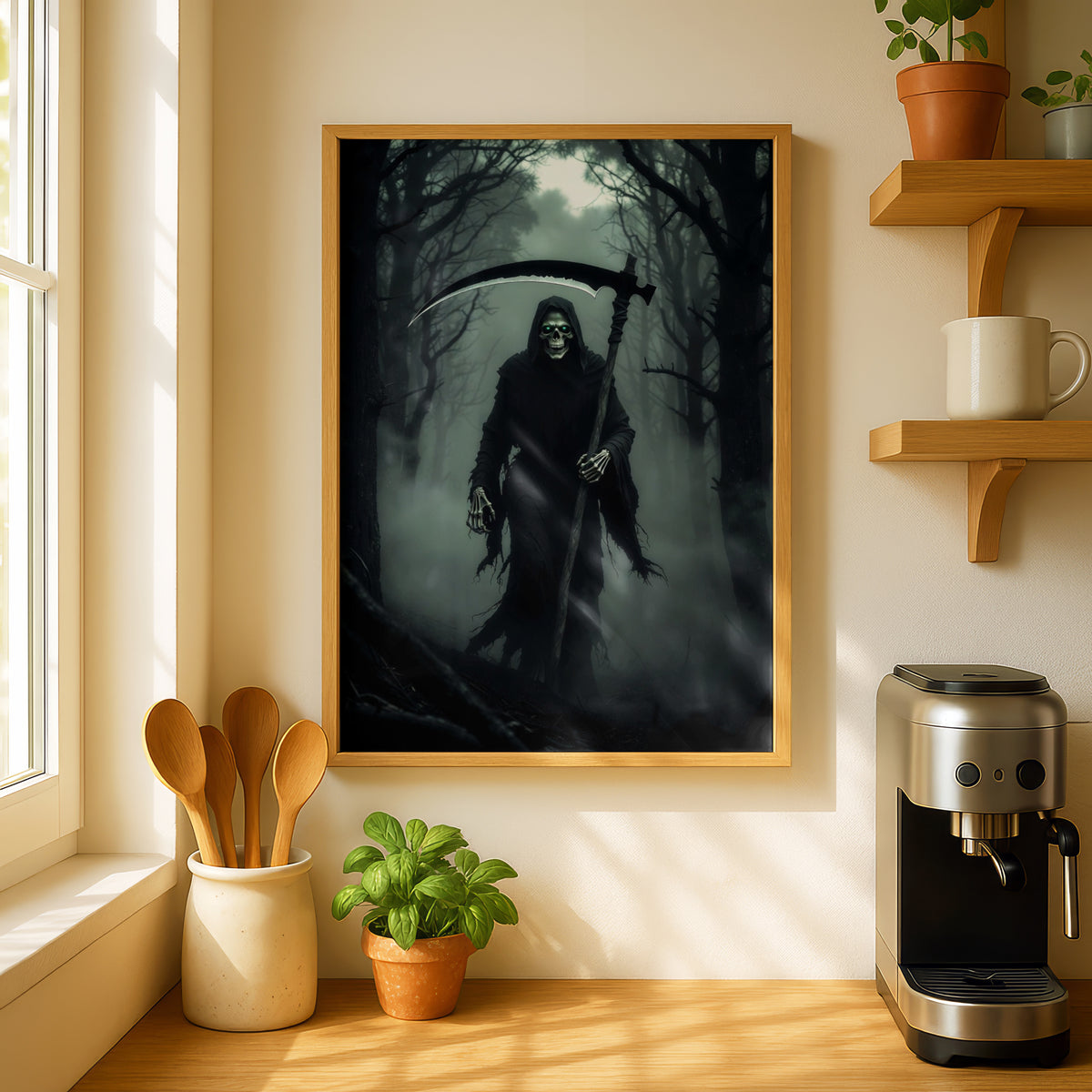 Grim Reaper Dark Forest Poster, Skull Scythe Horror Wall Art, Gothic Halloween Decor Print