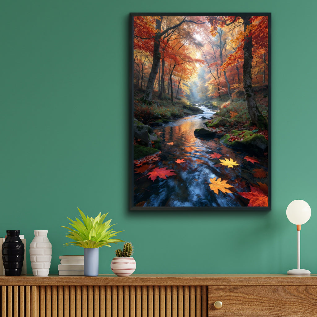 Fall Forest Stream Poster, Autumn Leaves Nature Wall Art, Misty Woodland River Print, Red Orange