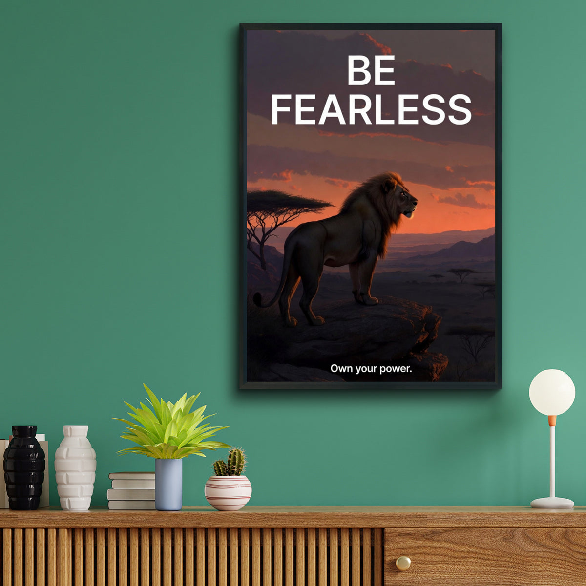 Be Fearless Lion Motivational Poster, Inspirational Wall Art, Safari Sunset Print
