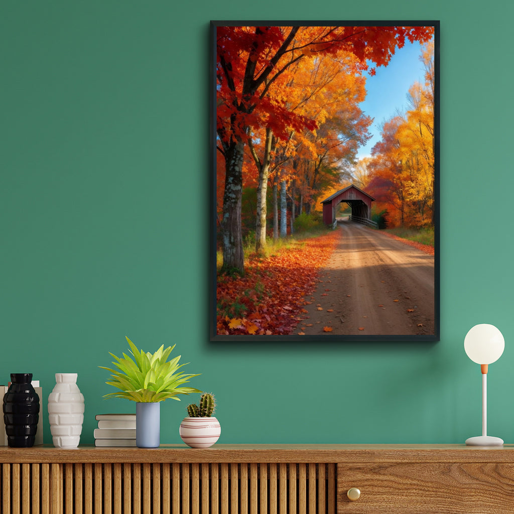 Fall Foliage Covered Bridge Poster, Autumn Country Road Wall Art, New England Nature Print