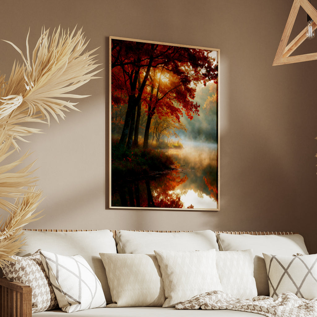 Fall Colors Lake Poster, Autumn Forest Reflection Wall Art, Misty Red Maple Tree Print
