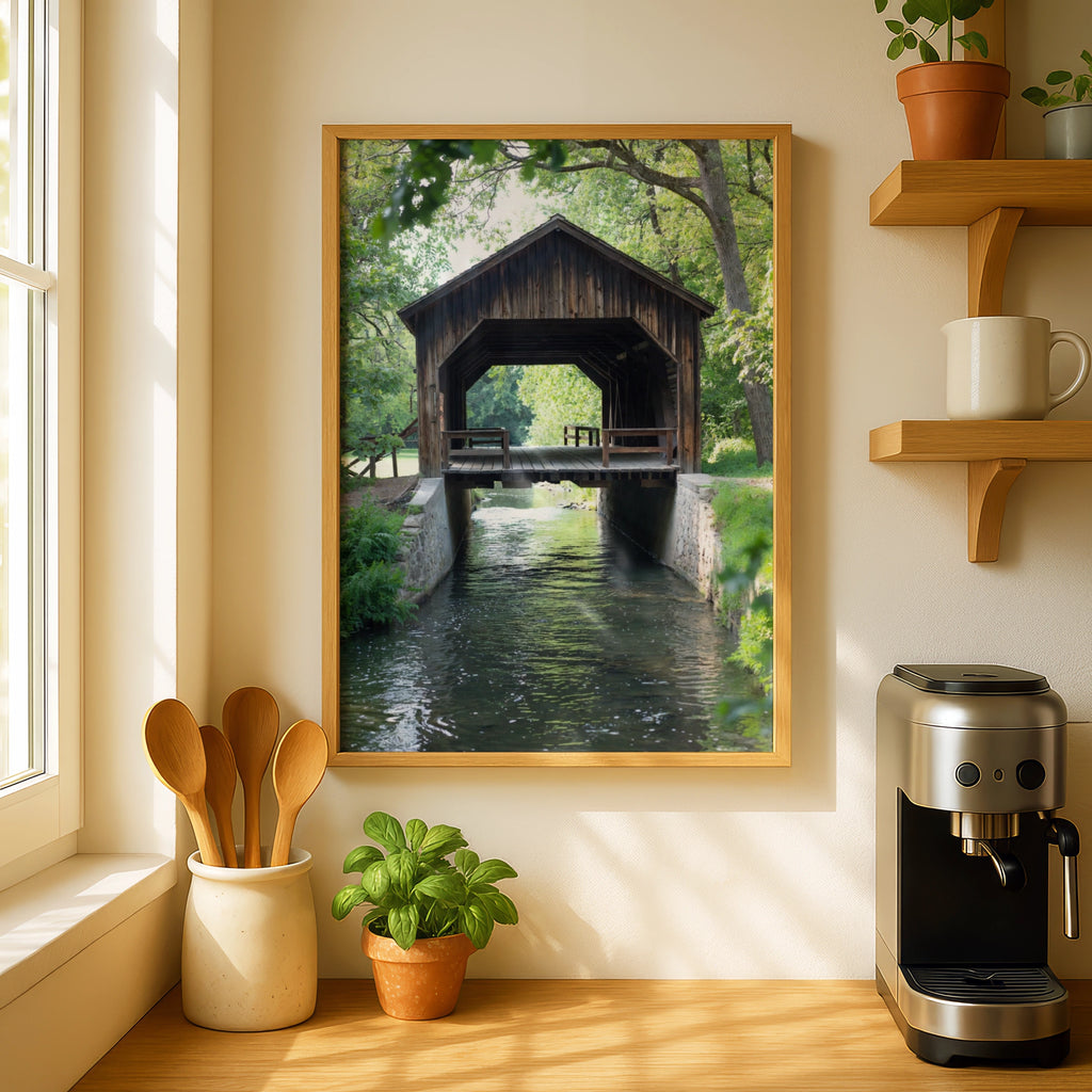 Covered Bridge Poster, Rustic Wooden Bridge Print, Country River Wall Art, Nature Landscape Decor