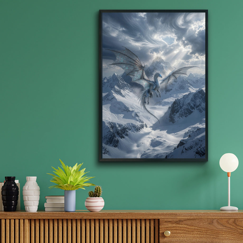 Ice Dragon Flying Over Snowy Mountains Poster, Fantasy Wall Art, Blue Dragon Print