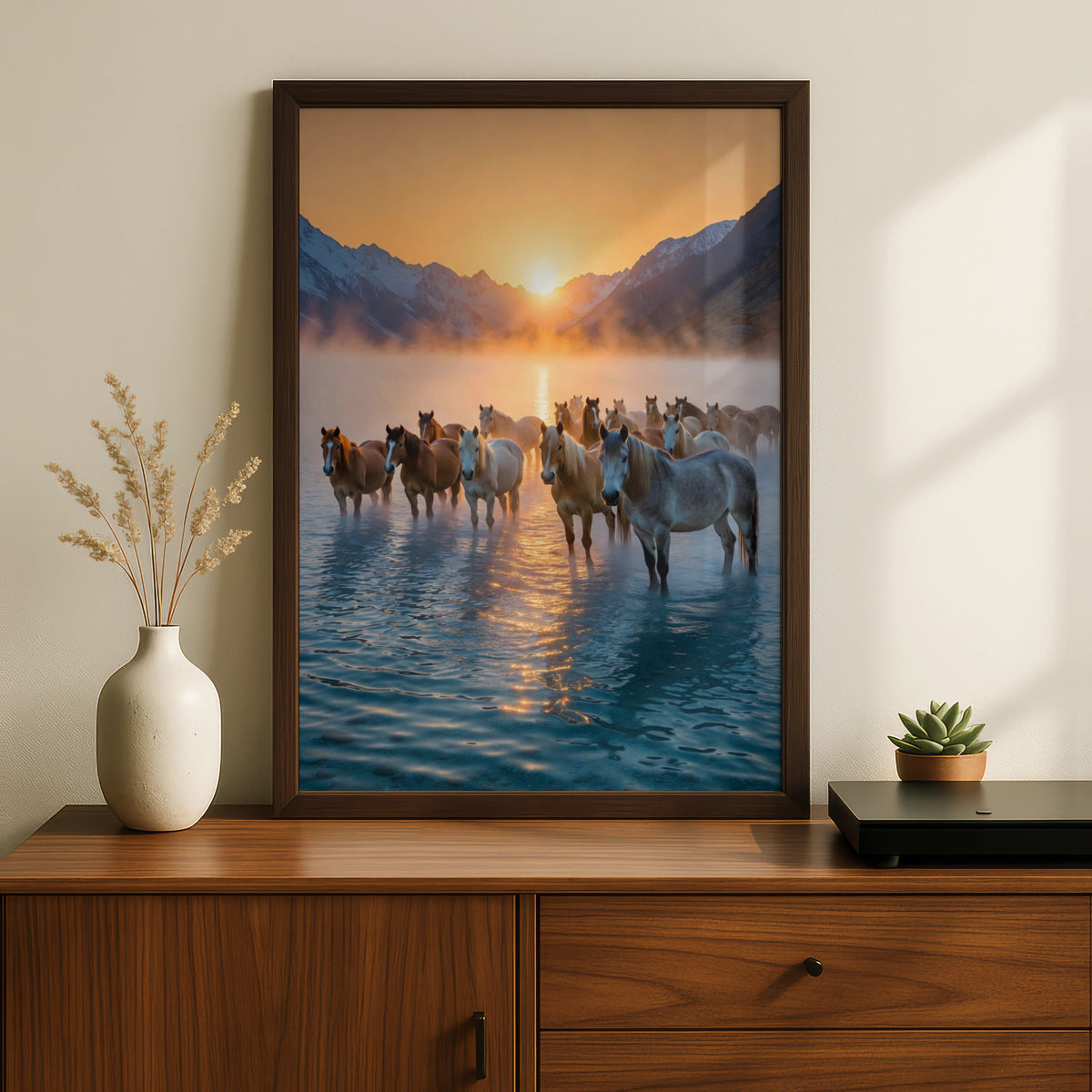 Wild Horses Sunset Mountain Lake Poster, Herd Horse Wall Art, Golden Sky Print