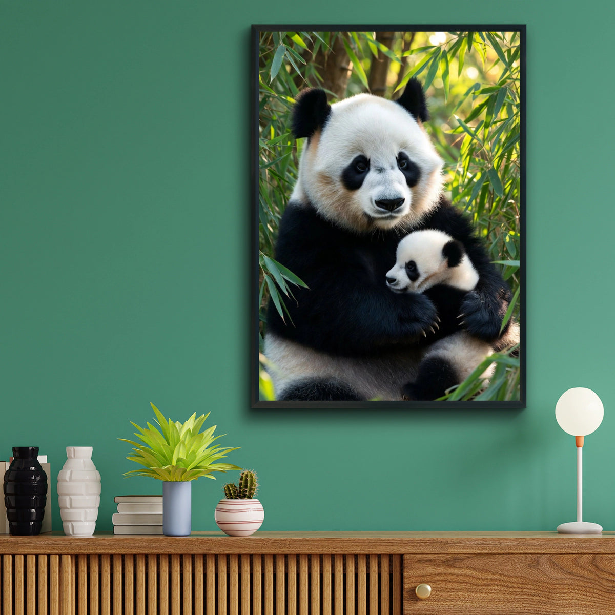 Giant Panda Mother and Baby Poster, Cute Panda Cub Wall Art, Bamboo Wildlife Print