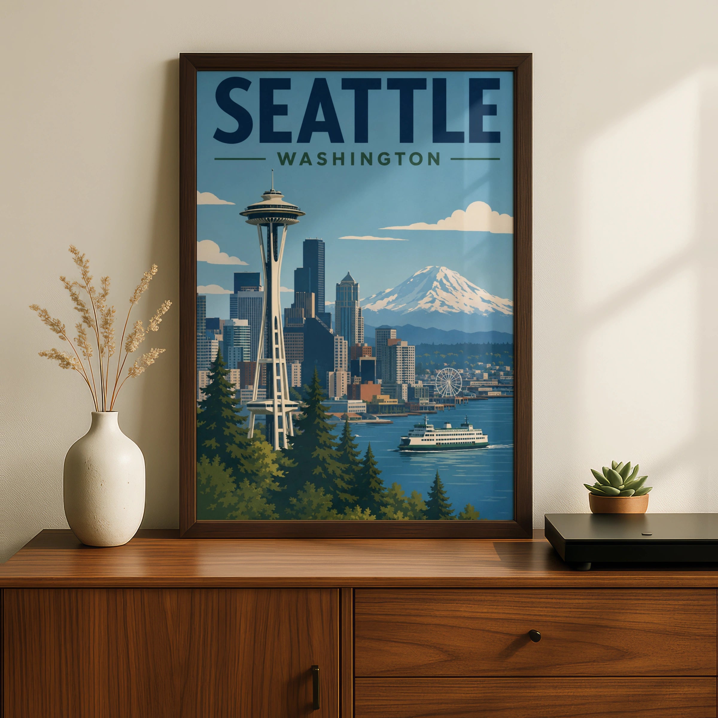 Seattle Washington Poster, Space Needle Retro Travel Print, Pacific Northwest Wall Art