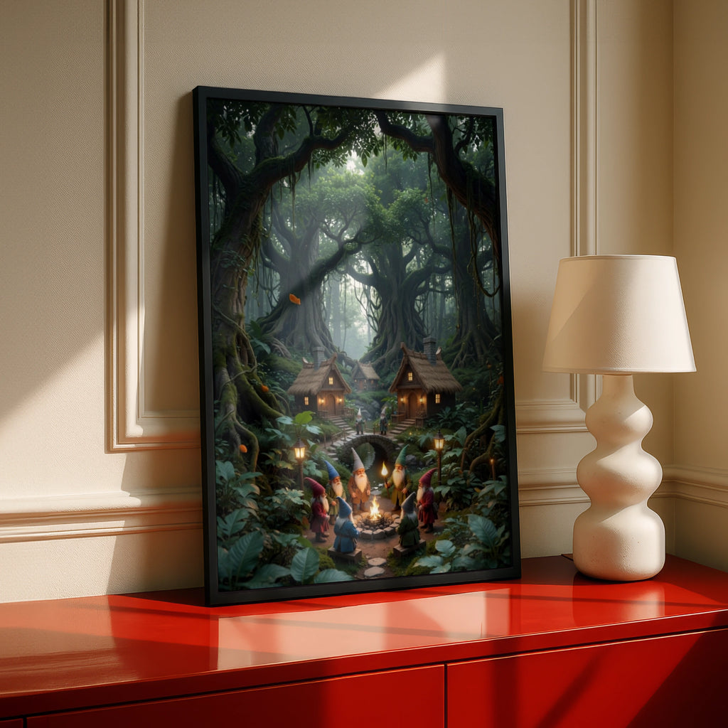 Gnome Village Forest Poster, Enchanted Woodland Wall Art, Fantasy Fairy Tale Print