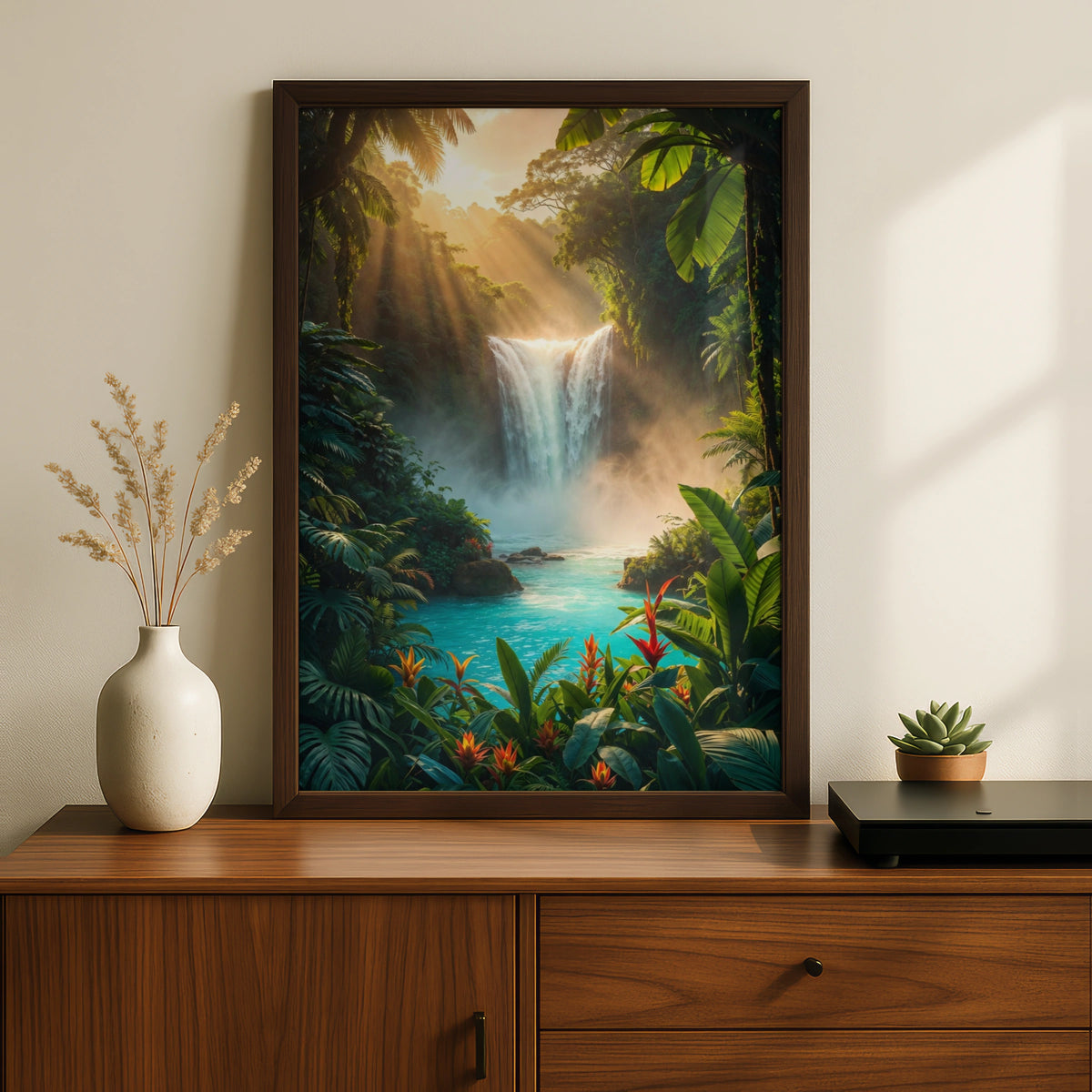 Jungle Waterfall Poster, Tropical Rainforest Wall Art, Turquoise Nature Print