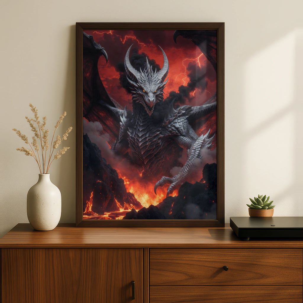Dragon Wall Art, Dark Fantasy Poster, Fire Lava Lightning Epic Creature Print