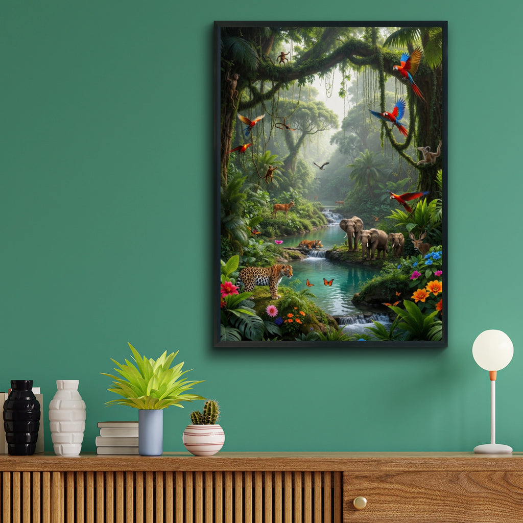Jungle Wildlife Poster, Tropical Rainforest Animals Wall Art, Elephant Tiger Parrot Print