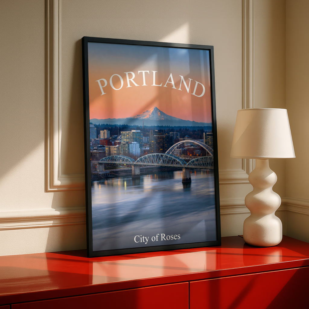 Portland Oregon Poster, City of Roses Skyline Print, Willamette River Sunset Wall Art