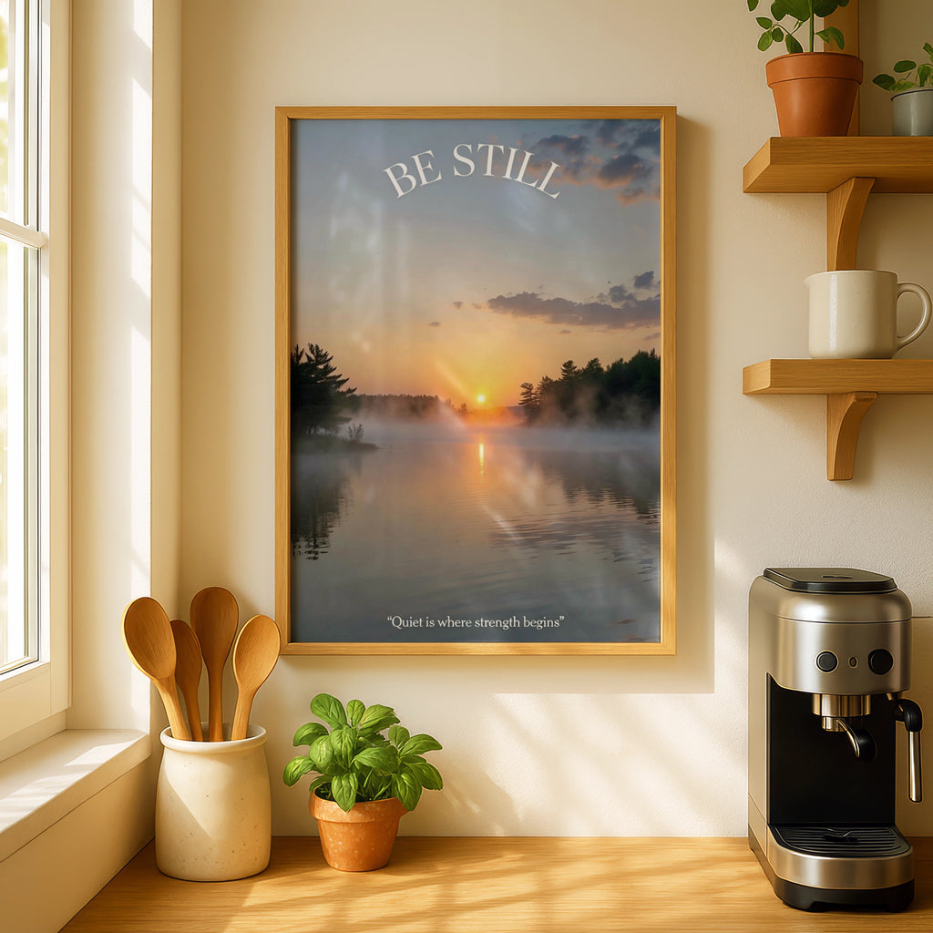 Be Still Inspirational Lake Sunrise Poster, Misty Nature Wall Art, Calm Quote Print