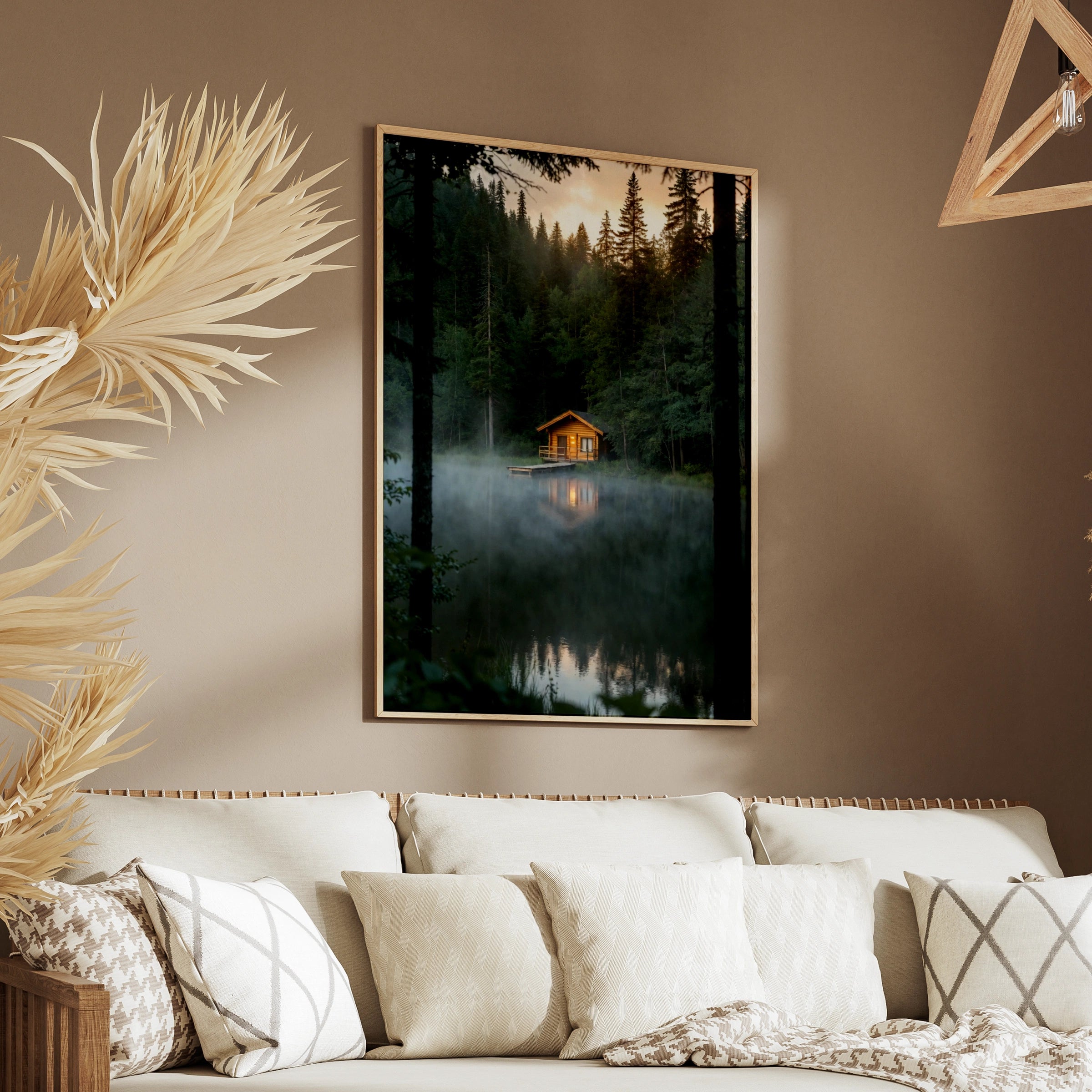 Lake Cabin Poster, Misty Forest Wall Art, Log Cabin Nature Print, Rustic Woodland Decor