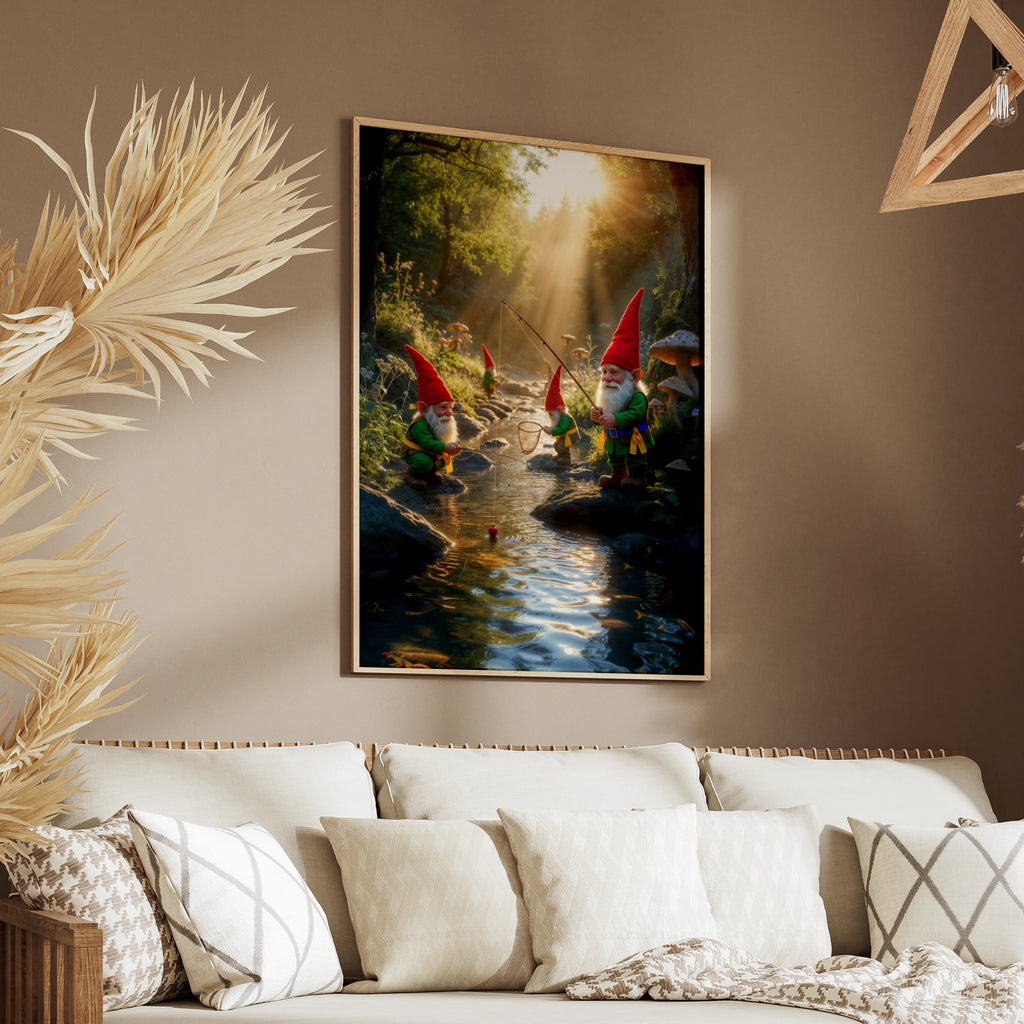 Gnomes Fishing in Enchanted Forest Poster, Whimsical Mushroom Wall Art, Fairy Tale Print