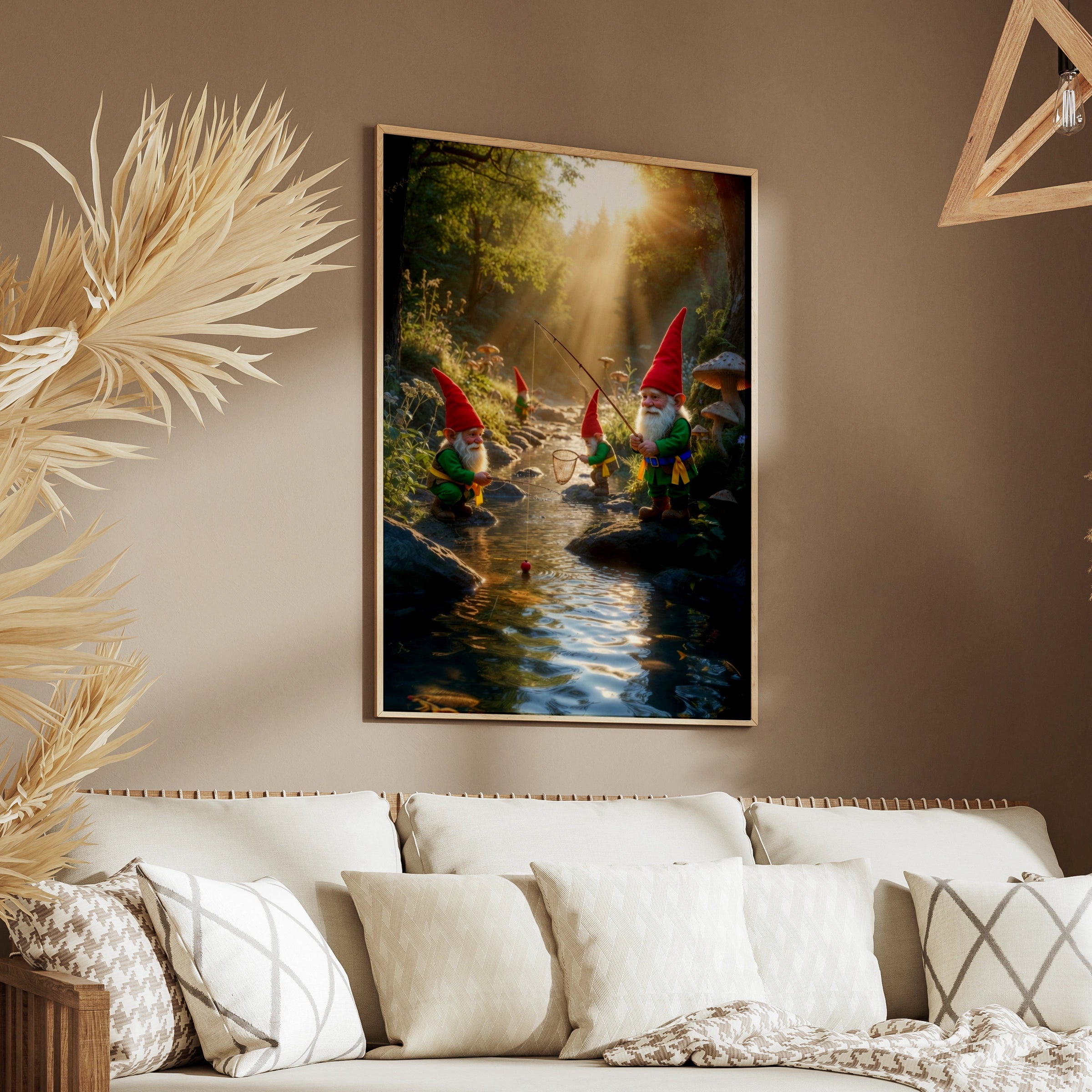 Gnomes Fishing in Enchanted Forest Poster, Whimsical Mushroom Wall Art, Fairy Tale Print