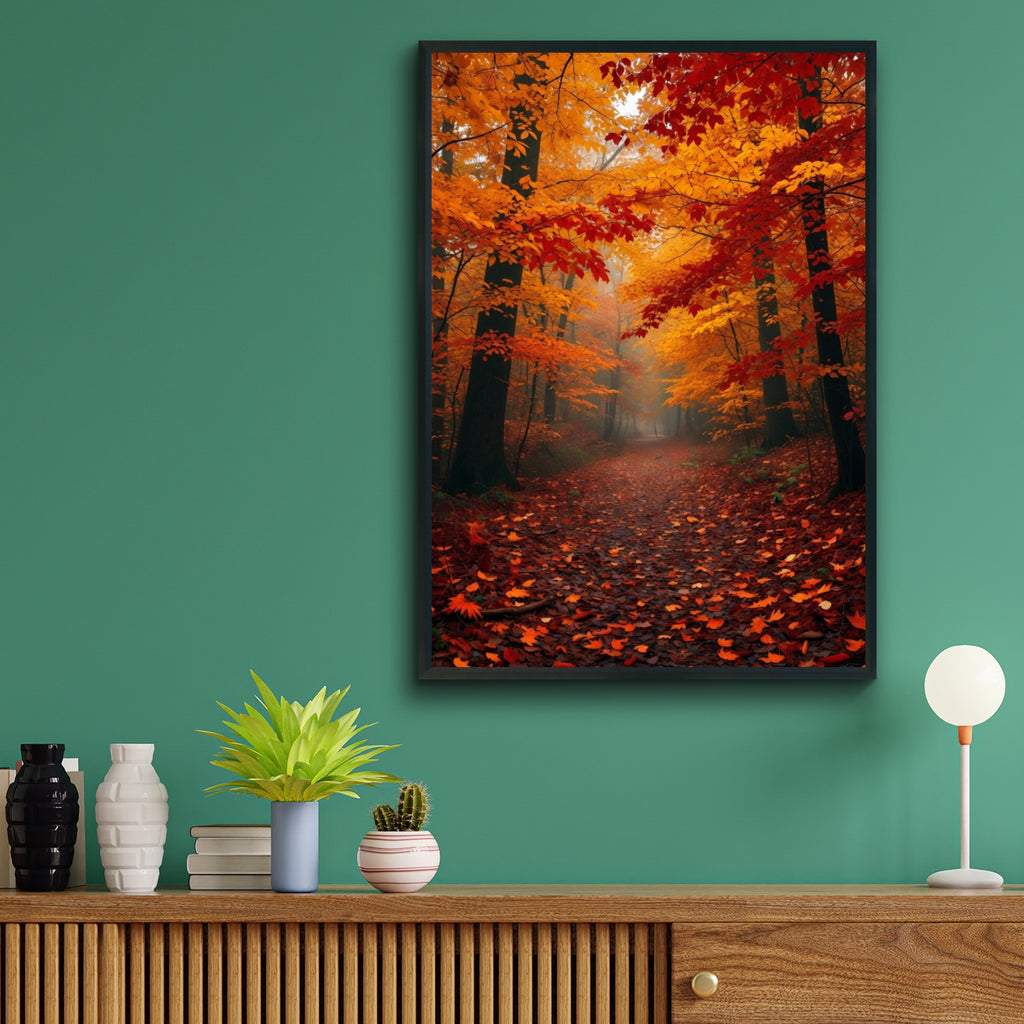 Fall Forest Path Poster, Autumn Foliage Wall Art, Orange Red Leaves Nature Print