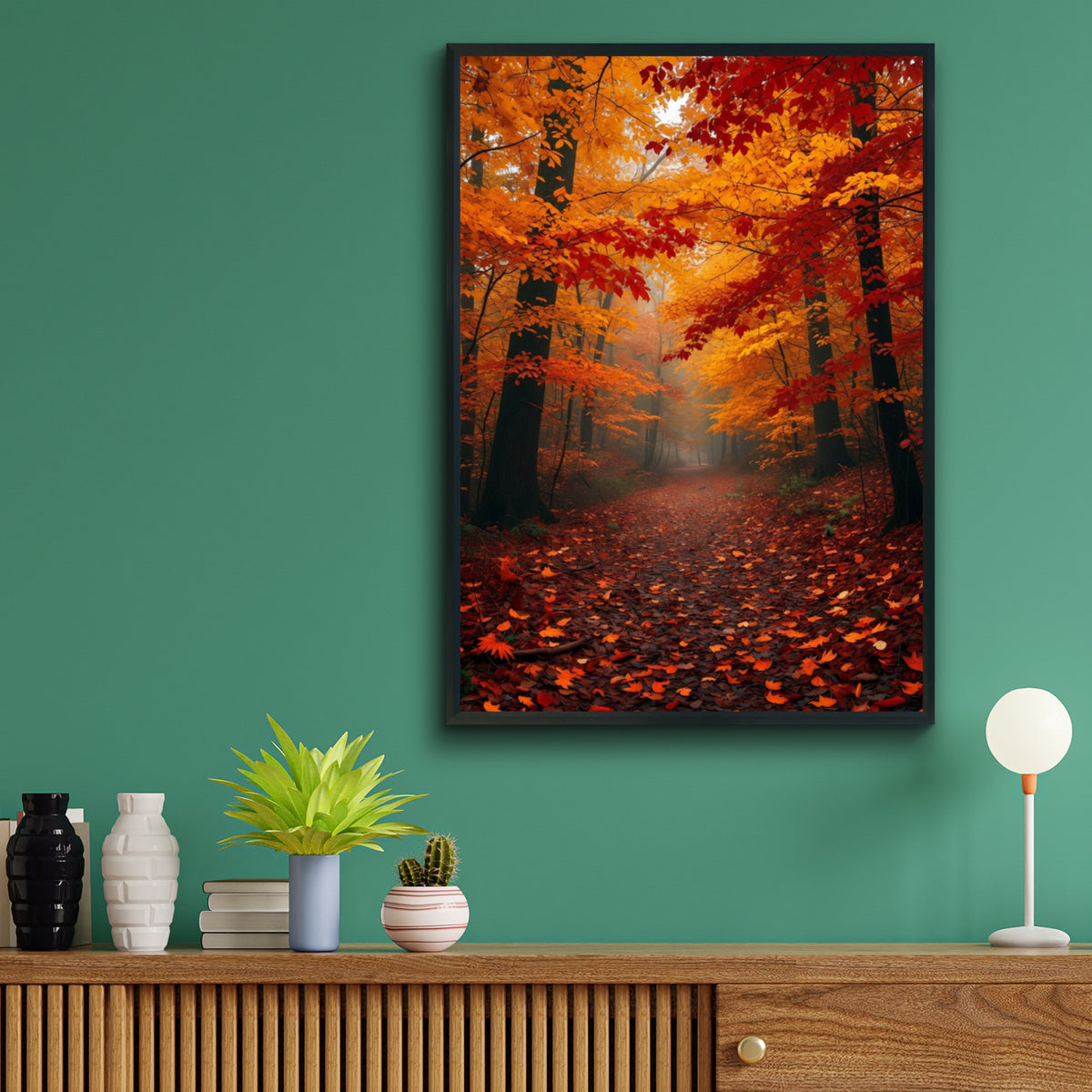 Fall Forest Path Poster, Autumn Foliage Wall Art, Orange Red Leaves Nature Print