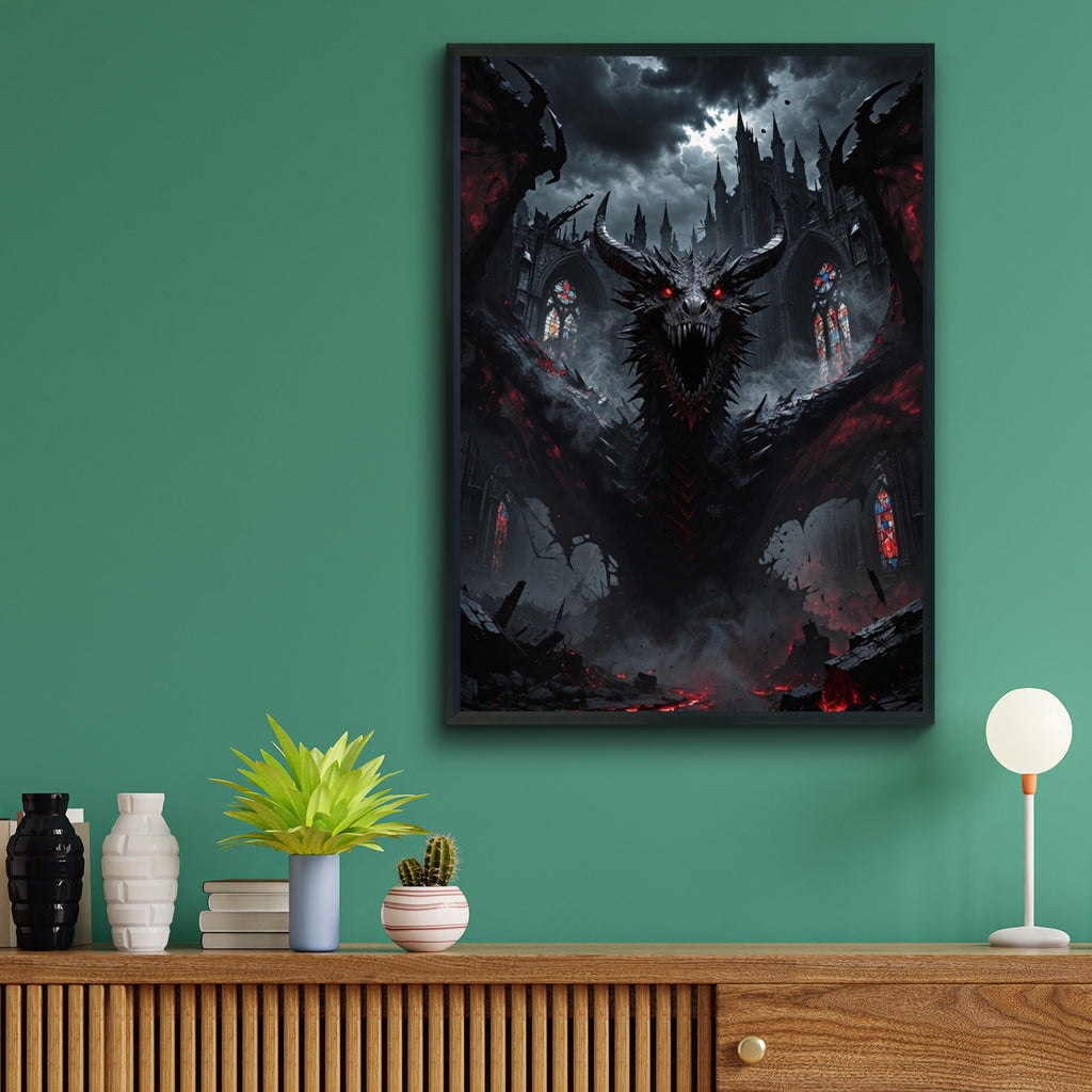 Dark Dragon Gothic Cathedral Poster, Red Eyes Fantasy Beast, Dark Fantasy Wall Art Print