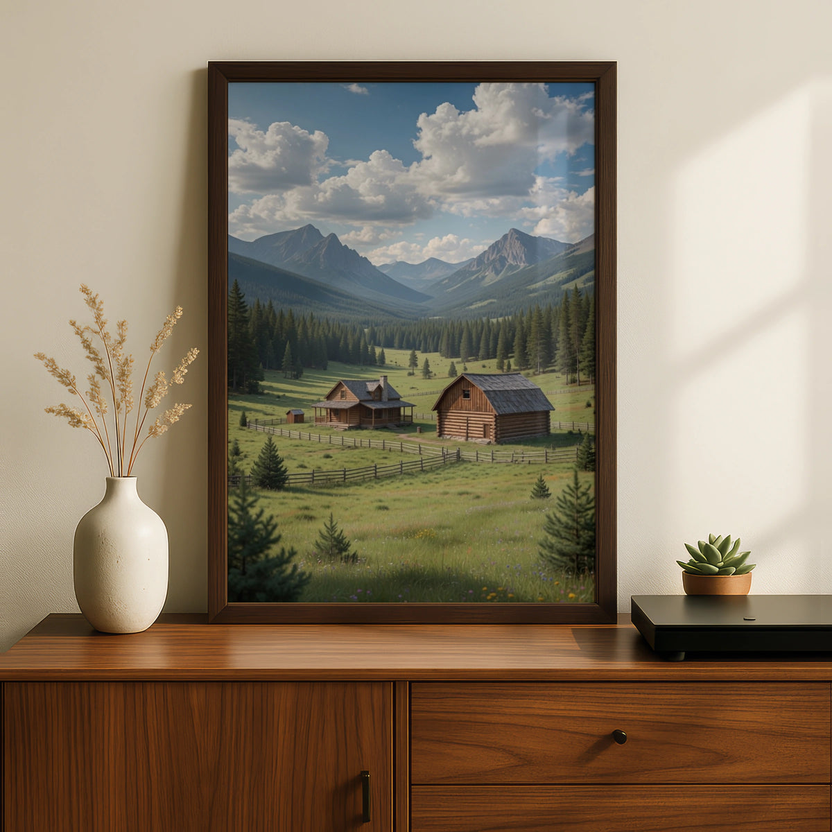 Mountain Cabin Poster, Rustic Log Cabin Wall Art, Alpine Valley Nature Print, Wilderness Decor