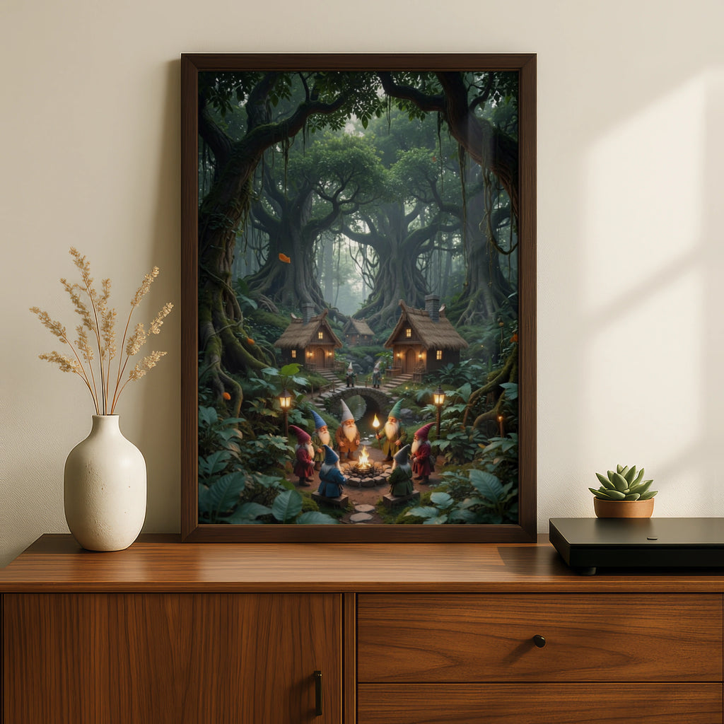 Gnome Village Forest Poster, Enchanted Woodland Wall Art, Fantasy Fairy Tale Print