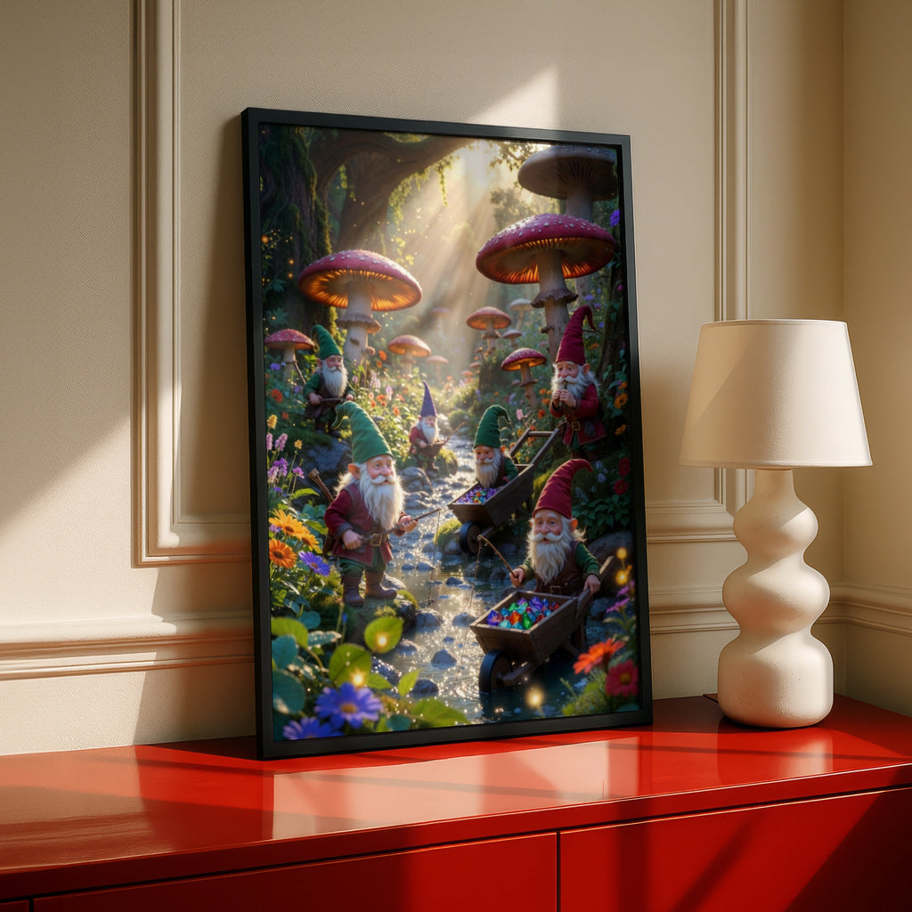 Gnome Forest Poster, Magical Mushroom Wall Art, Fantasy Gnomes Print, Enchanted Woodland Decor