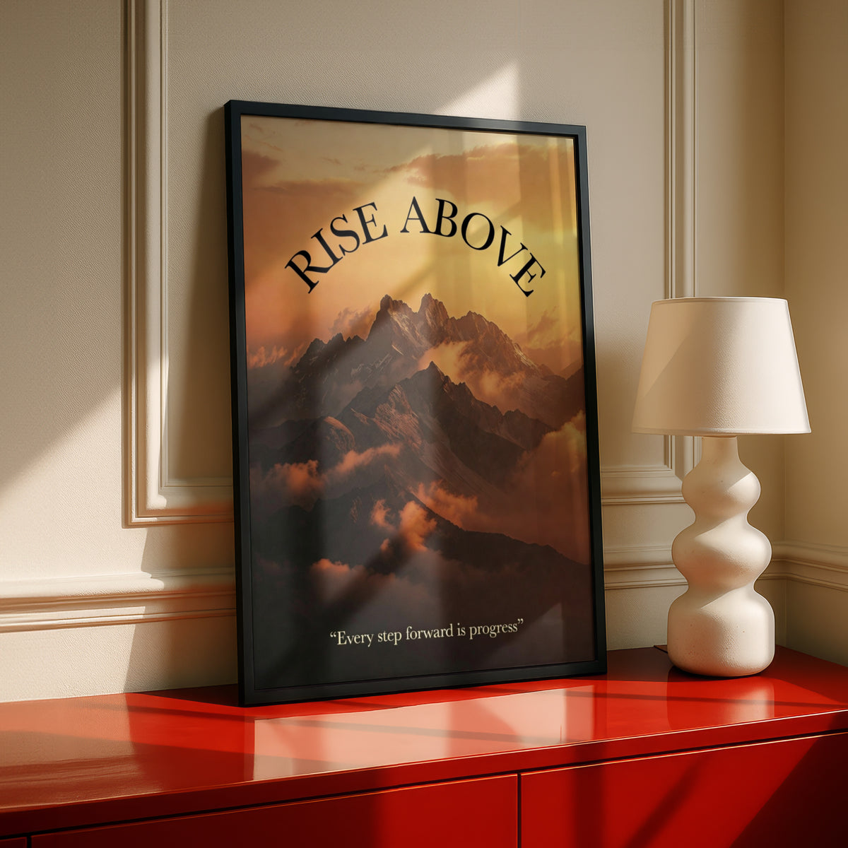 Rise Above Motivational Mountain Poster, Sunset Quote Wall Art, Inspirational Print for Home or