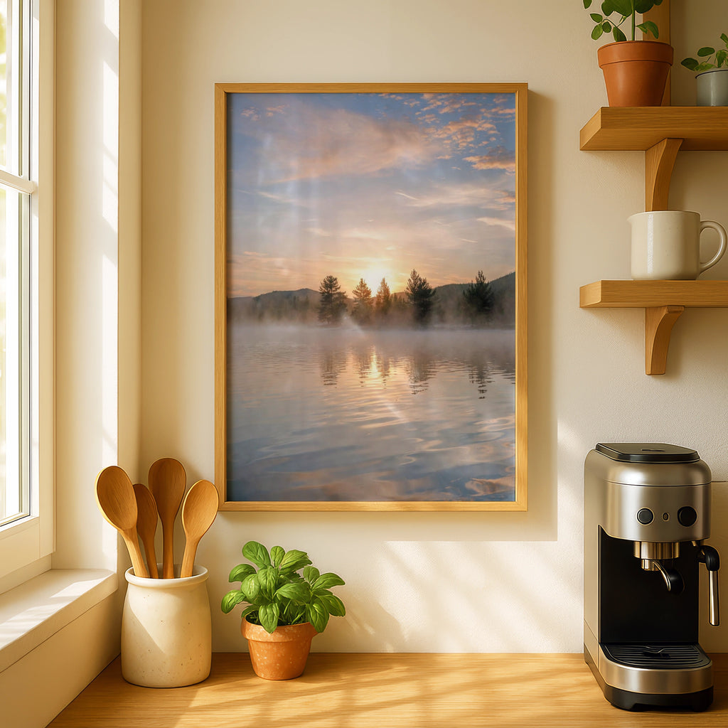 Misty Lake Sunrise Poster, Mountain Forest Wall Art, Nature Photography Print