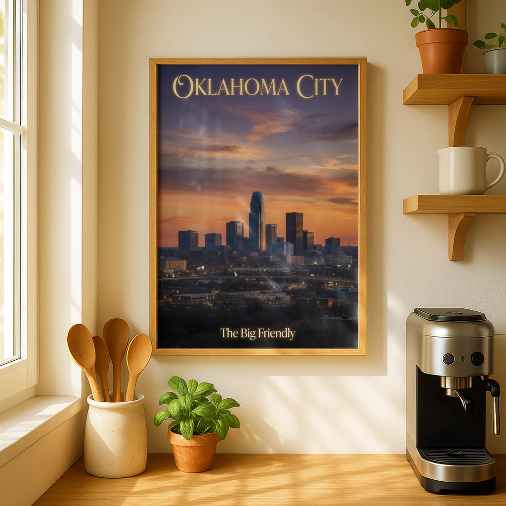 Oklahoma City Skyline Poster, OKC Sunset Wall Art, The Big Friendly Print, Downtown Gift