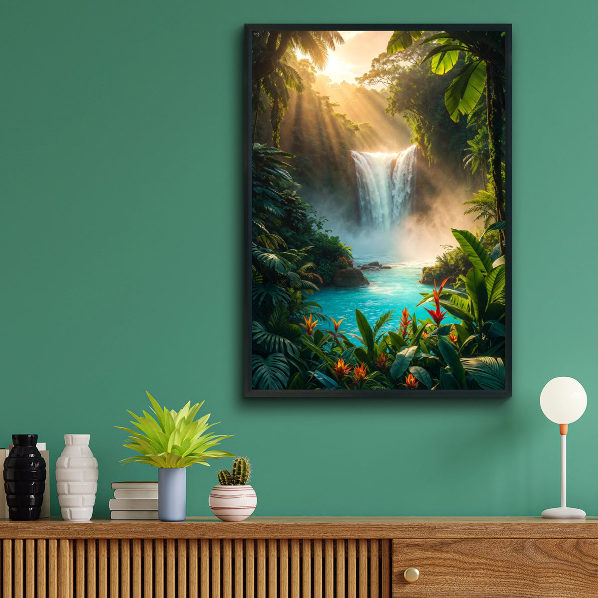 Jungle Waterfall Poster, Tropical Rainforest Wall Art, Turquoise Nature Print