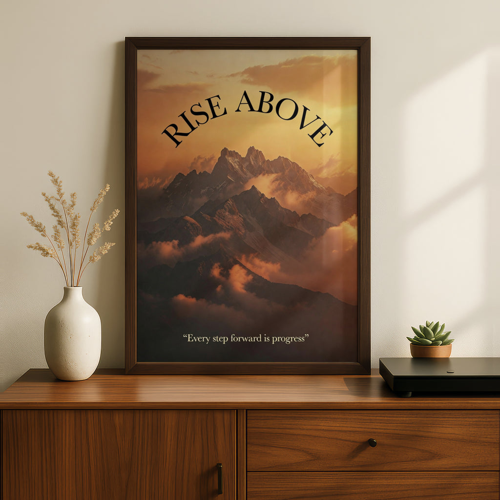 Rise Above Motivational Mountain Poster, Sunset Quote Wall Art, Inspirational Print for Home or