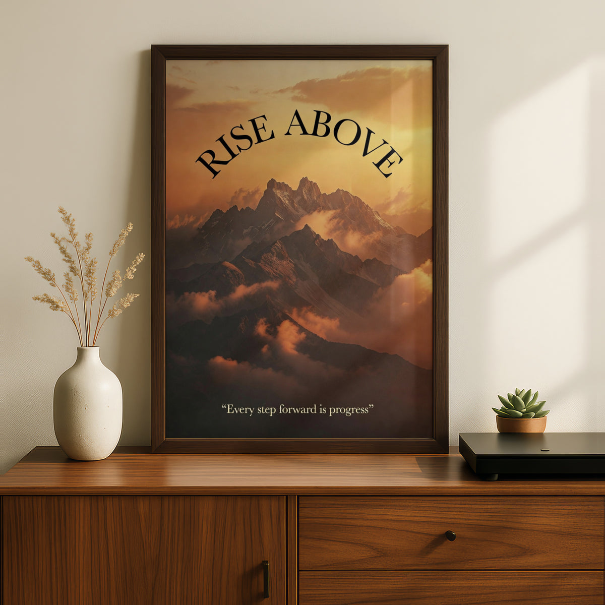 Rise Above Motivational Mountain Poster, Sunset Quote Wall Art, Inspirational Print for Home or