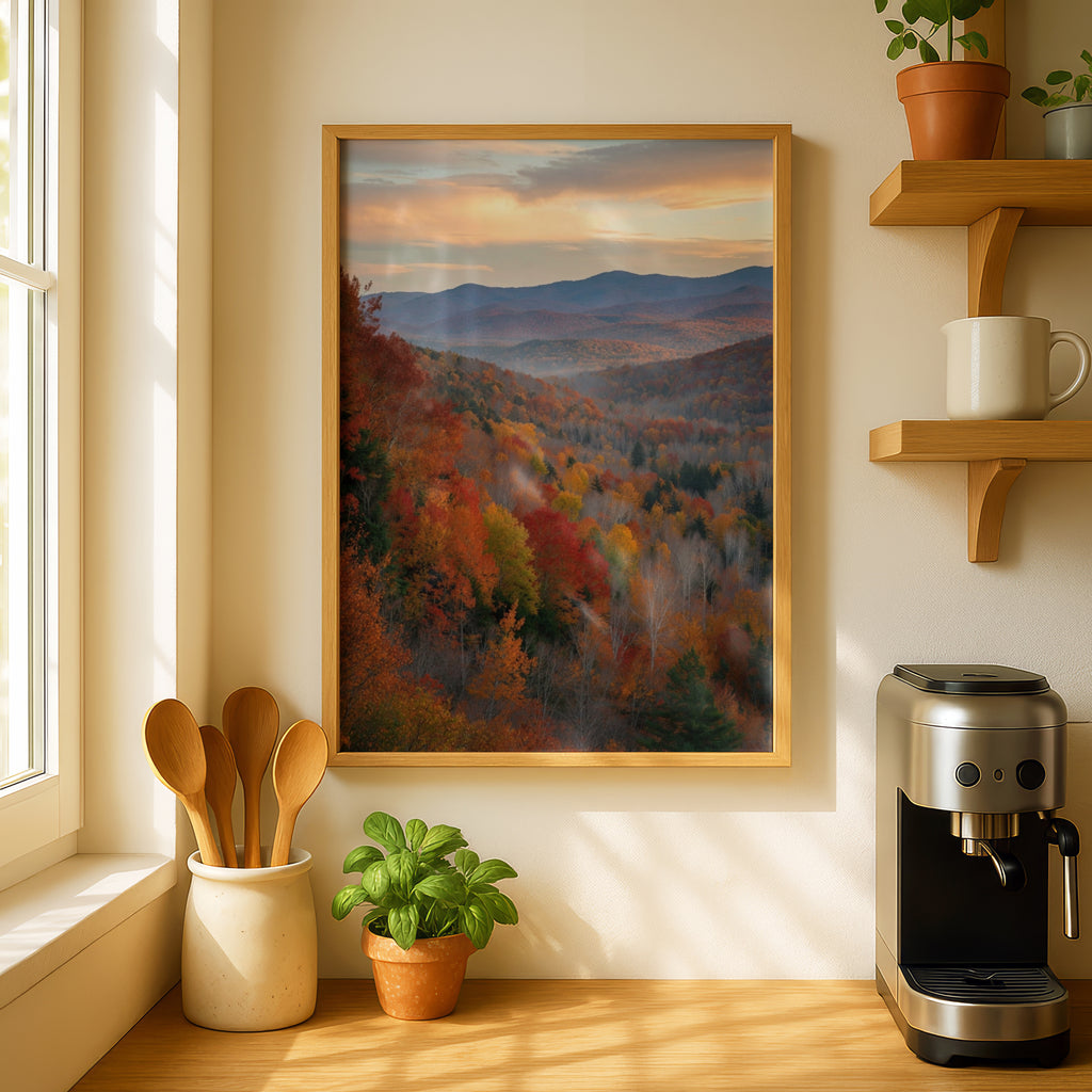Fall Colors Mountain Forest Poster, Autumn Landscape Wall Art, Red Orange Foliage Print