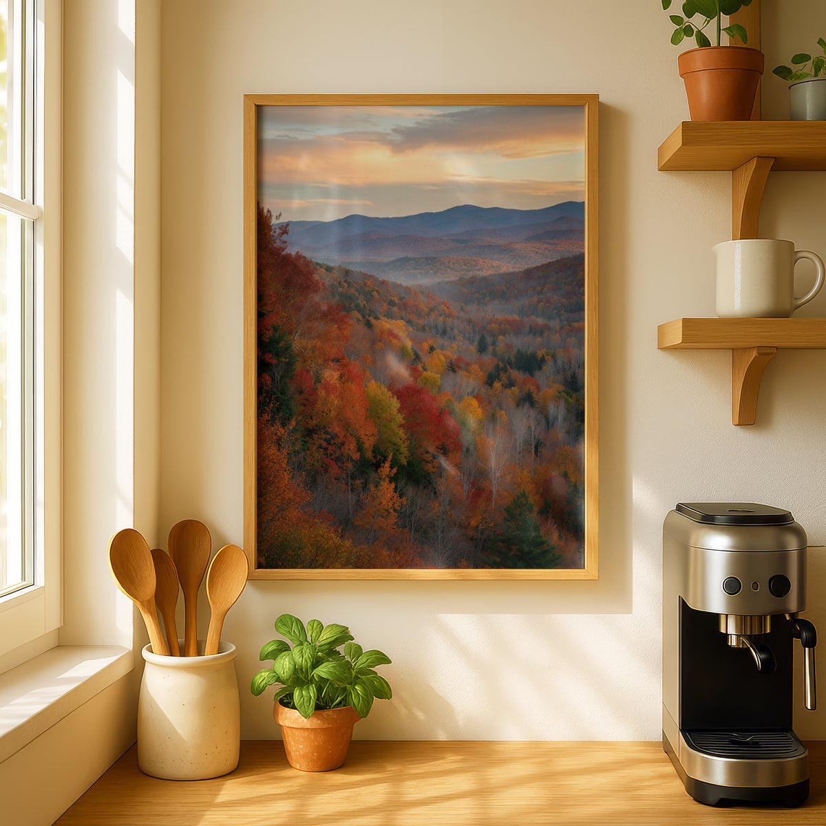 Fall Colors Mountain Forest Poster, Autumn Landscape Wall Art, Red Orange Foliage Print
